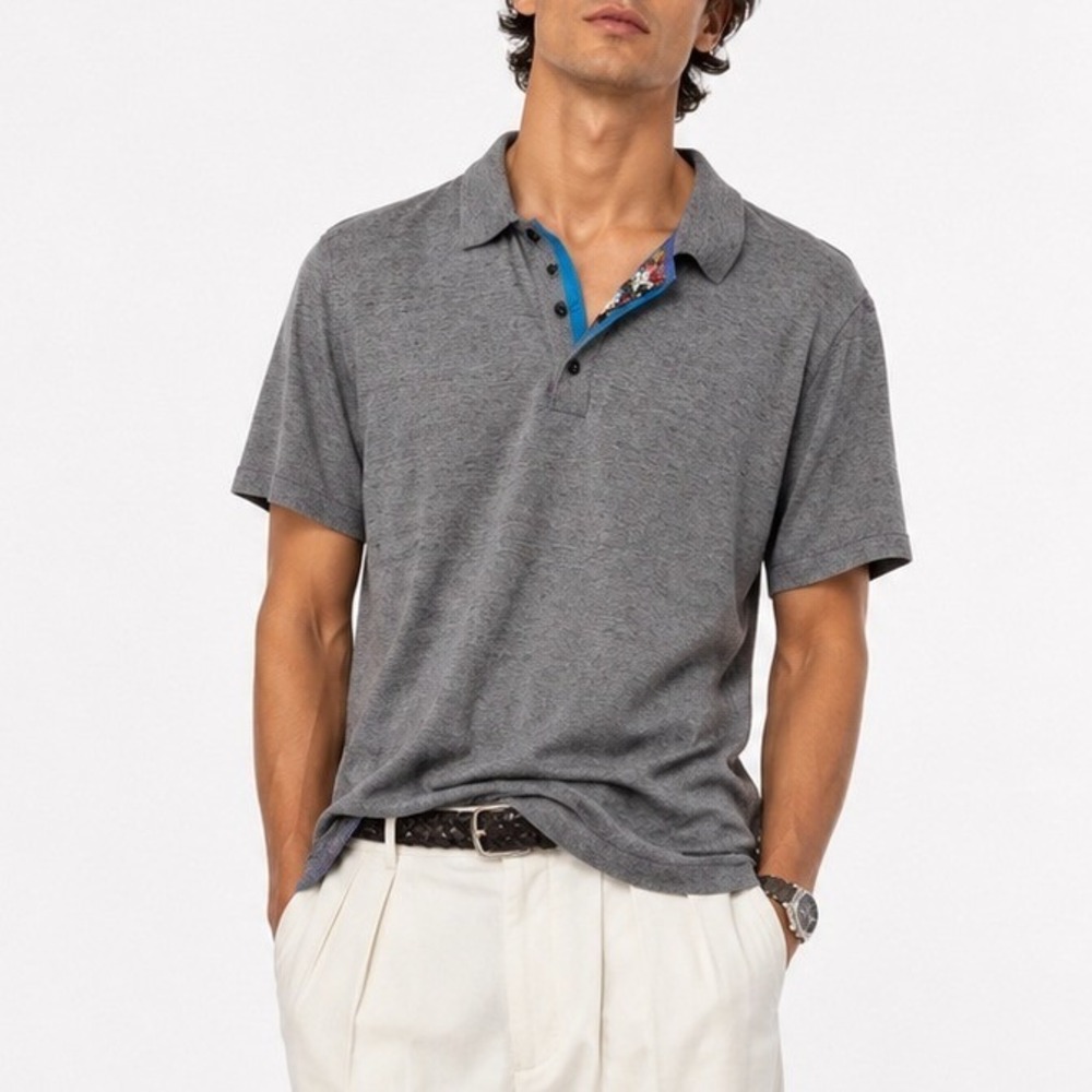 Robert Graham Mens Grey Heather Cotton Modal Polo Shirt Classic Muscle Fit Large